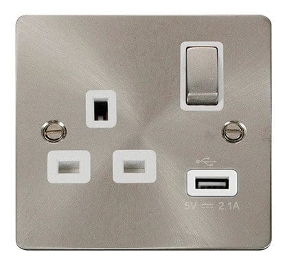 Flat Plate Satin Chrome Ingot 1 USB 1 Gang 13A DP Switched Plug Socket - White Trim - SE Home