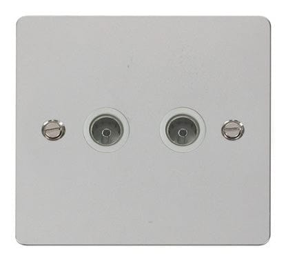 Flat Plate Polished Chrome 2 Gang Coaxial Socket  - White Trim