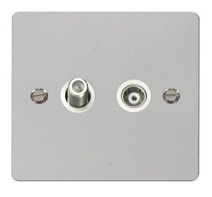 Flat Plate Polished Chrome 1 Gang Satellite & Isolated Coaxial Socket  - White Trim