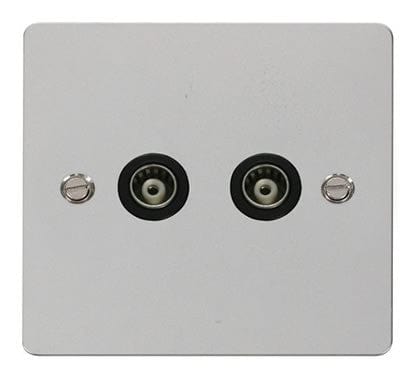 Flat Plate Polished Chrome 2 Gang Isolated Coaxial Socket - Black Trim - SE Home
