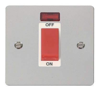 Flat Plate Polished Chrome 1 Gang 45A DP Switch + Neon - White Trim - SE Home
