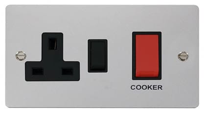 Flat Plate Polished Chrome 45A DP Switch + 13A DP Switched Socket - Black Trim - SE Home