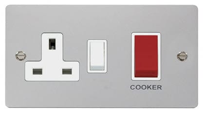 Flat Plate Polished Chrome 45A DP Switch + 13A DP Switched Socket - White Trim - SE Home