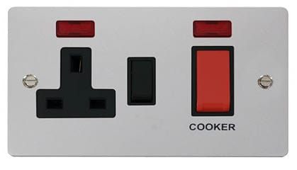 Flat Plate Polished Chrome 45A DP Switch + 13A DP Switched Socket + Neons - Black Trim - SE Home
