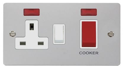 Flat Plate Polished Chrome 45A DP Switch + 13A DP Switched Socket + Neons - White Trim - SE Home