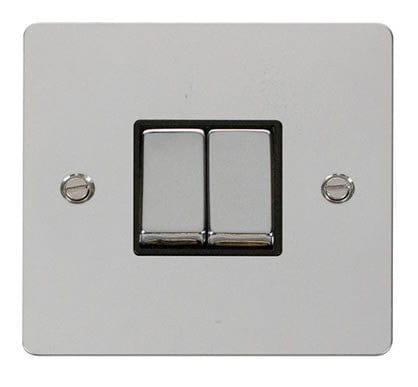 Flat Plate Polished Chrome Ingot 10AX 2 Gang 2 Way Light Switch  - Black Trim