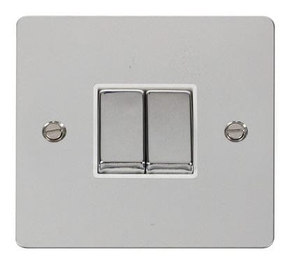 Flat Plate Polished Chrome Ingot 10AX 2 Gang 2 Way Light Switch  - White Trim