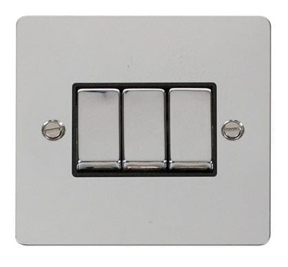 Flat Plate Polished Chrome Ingot 10AX 3 Gang 2 Way Light Switch   - Black Trim