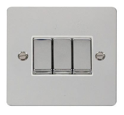 Flat Plate Polished Chrome Ingot 10AX 3 Gang 2 Way Light Switch   - White Trim