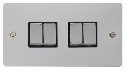 Flat Plate Polished Chrome Ingot 10AX 4 Gang 2 Way Light Switch  - Black Trim