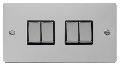 Flat Plate Polished Chrome Ingot 10AX 4 Gang 2 Way Light Switch - Black Trim - SE Home