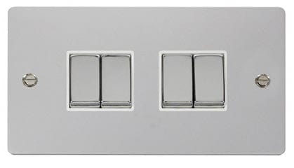 Flat Plate Polished Chrome Ingot 10AX 4 Gang 2 Way Light Switch  - White Trim