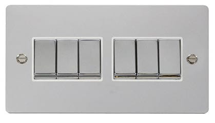 Flat Plate Polished Chrome Ingot 10AX 6 Gang 2 Way Light Switch  - White Trim