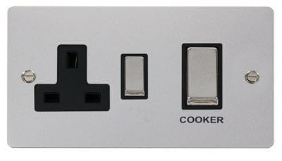 Flat Plate Polished Chrome Ingot 45A DP Switch + 13A Switched Socket - Black Trim - SE Home