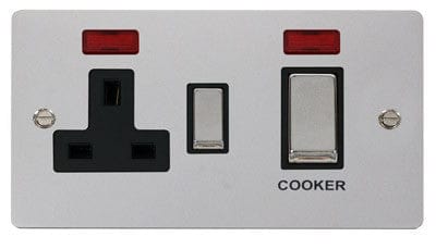Flat Plate Polished Chrome Ingot 45A DP Switch + 13A Switched Socket & Neons (2) - Black Trim - SE Home