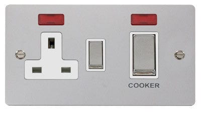 Flat Plate Polished Chrome Ingot 45A DP Switch + 13A Switched Socket & Neons (2) - White Trim - SE Home