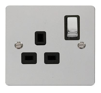 Flat Plate Polished Chrome Ingot 1 Gang 13A DP Switched Plug Socket  - Black Trim