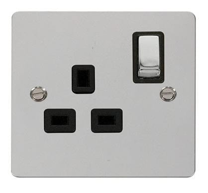Flat Plate Polished Chrome Ingot 1 Gang 13A DP Switched Plug Socket - Black Trim - SE Home