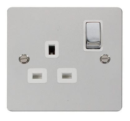 Flat Plate Polished Chrome Ingot 1 Gang 13A DP Switched Plug Socket  - White Trim