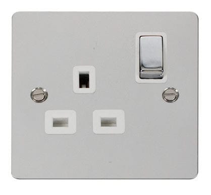 Flat Plate Polished Chrome Ingot 1 Gang 13A DP Switched Plug Socket - White Trim - SE Home