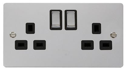 Flat Plate Polished Chrome Ingot 2 Gang Twin Double 13A DP Switched Plug Socket - Black Trim - SE Home