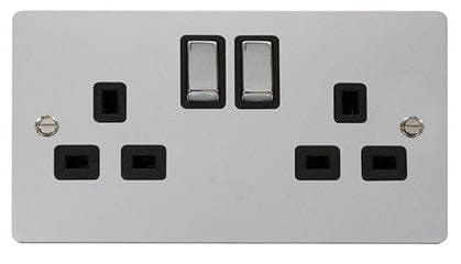 Flat Plate Polished Chrome Ingot 2 Gang Twin Double 13A DP Switched Plug Socket  - Black Trim