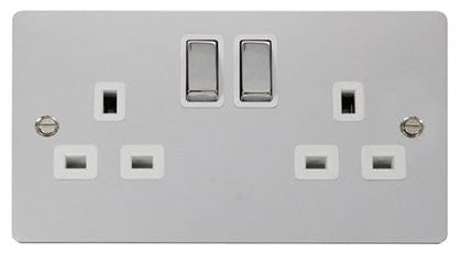 Flat Plate Polished Chrome Ingot 2 Gang Twin Double 13A DP Switched Plug Socket  - White Trim