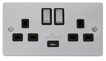 Flat Plate Polished Chrome Ingot 2 Gang 1 USB Twin Double 13A DP Switched Plug Socket - Black Trim - SE Home