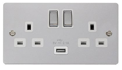 Flat Plate Polished Chrome Ingot 2 Gang 1 USB Twin Double 13A DP Switched Plug Socket - White Trim - SE Home