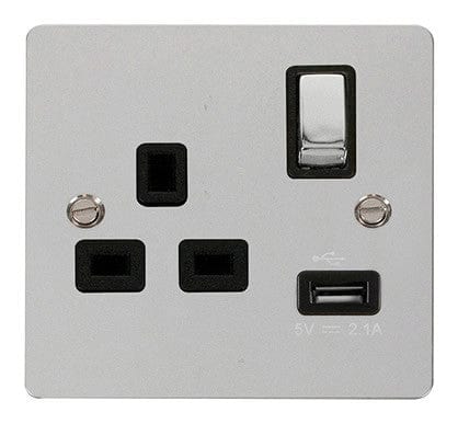 Flat Plate Polished Chrome Ingot 1 USB 1 Gang 13A DP Switched Plug Socket - Black Trim - SE Home