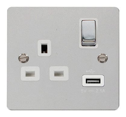 Flat Plate Polished Chrome Ingot 1 USB 1 Gang 13A DP Switched Plug Socket - White Trim - SE Home