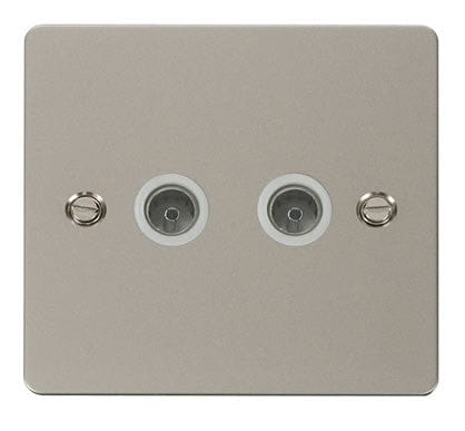 Flat Plate Pearl Nickel 2 Gang Coaxial Socket - White Trim - SE Home