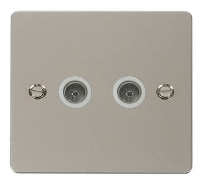 Flat Plate Pearl Nickel 2 Gang Coaxial Socket  - White Trim