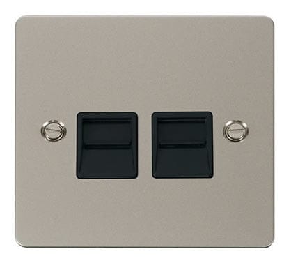 Flat Plate Pearl Nickel Twin Telephone Socket Master - Black Trim - SE Home