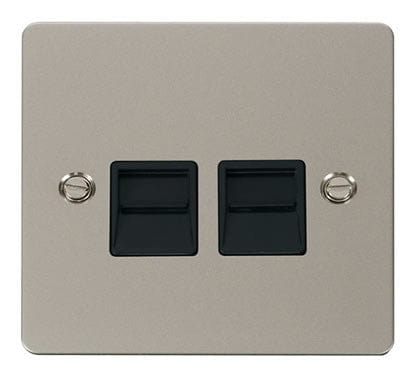 Flat Plate Pearl Nickel Twin Telephone Socket Master  - Black Trim