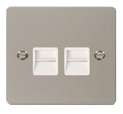 Flat Plate Pearl Nickel Twin Telephone Socket Master - White Trim - SE Home