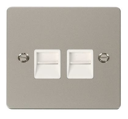 Flat Plate Pearl Nickel Twin Telephone Socket Master  - White Trim