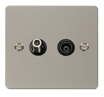 Flat Plate Pearl Nickel 1 Gang Satellite & Isolated Coaxial Socket - Black Trim - SE Home