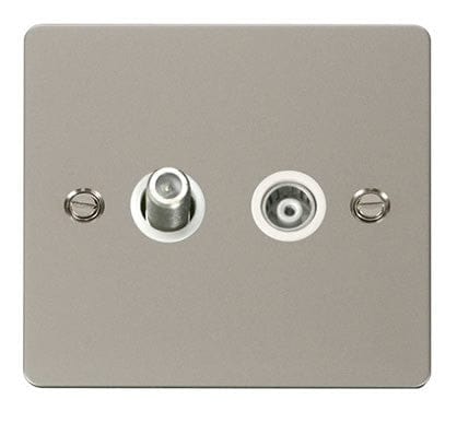 Flat Plate Pearl Nickel 1 Gang Satellite & Isolated Coaxial Socket  - White Trim