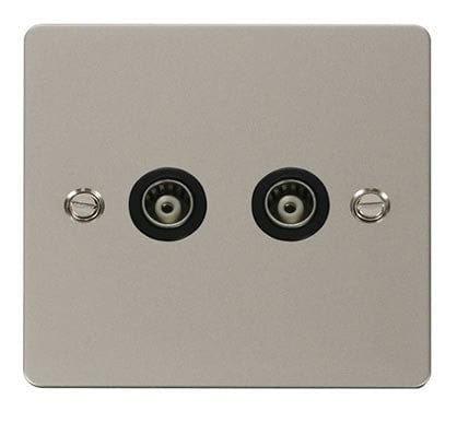 Flat Plate Pearl Nickel 2 Gang Isolated Coaxial Socket - Black Trim - SE Home