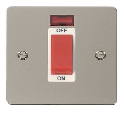Flat Plate Pearl Nickel 1 Gang 45A DP Switch + Neon - White Trim - SE Home