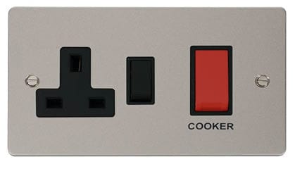 Flat Plate Pearl Nickel 45A DP Switch + 13A DP Switched Plug Socket - Black Trim - SE Home