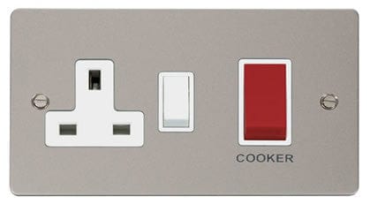 Flat Plate Pearl Nickel 45A DP Switch + 13A DP Switched Plug Socket - White Trim - SE Home