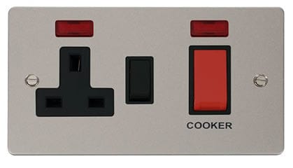Flat Plate Pearl Nickel 45A DP Switch + 13A DP Switched Plug Socket + Neons - Black Trim - SE Home