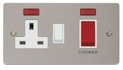 Flat Plate Pearl Nickel 45A DP Switch + 13A DP Switched Plug Socket + Neons - White Trim - SE Home