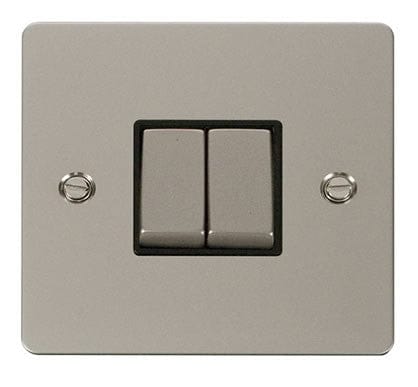 Flat Plate Pearl Nickel Ingot 10AX 2 Gang 2 Way Light Switch - Black Trim