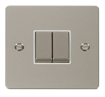 Flat Plate Pearl Nickel Ingot 10AX 2 Gang 2 Way Light Switch - White Trim