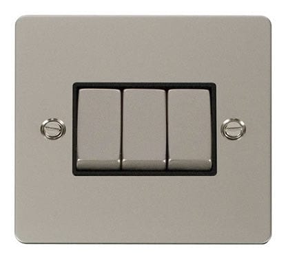 Flat Plate Pearl Nickel Ingot 10AX 3 Gang 2 Way Light Switch - Black Trim