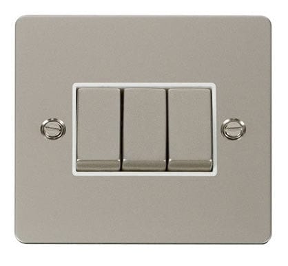 Flat Plate Pearl Nickel Ingot 10AX 3 Gang 2 Way Light Switch - White Trim