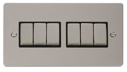 Flat Plate Pearl Nickel Ingot 10AX 6 Gang 2 Way Light Switch - Black Trim